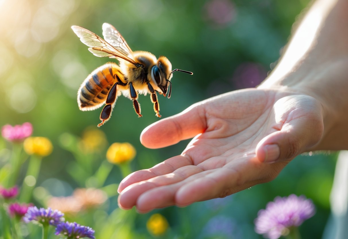 A honeybee flying towards a person's outstretched hand surrounded by flowers and greenery.