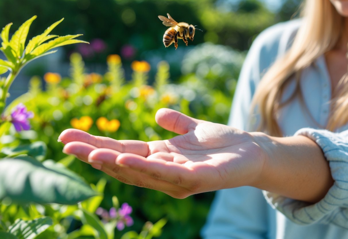 A person gently waving their hand near a bee flying in a sunny garden with flowers and greenery.