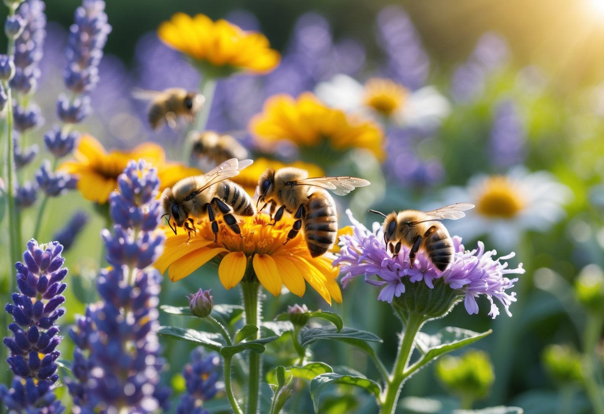 Bees collecting nectar from colorful flowers in a garden.