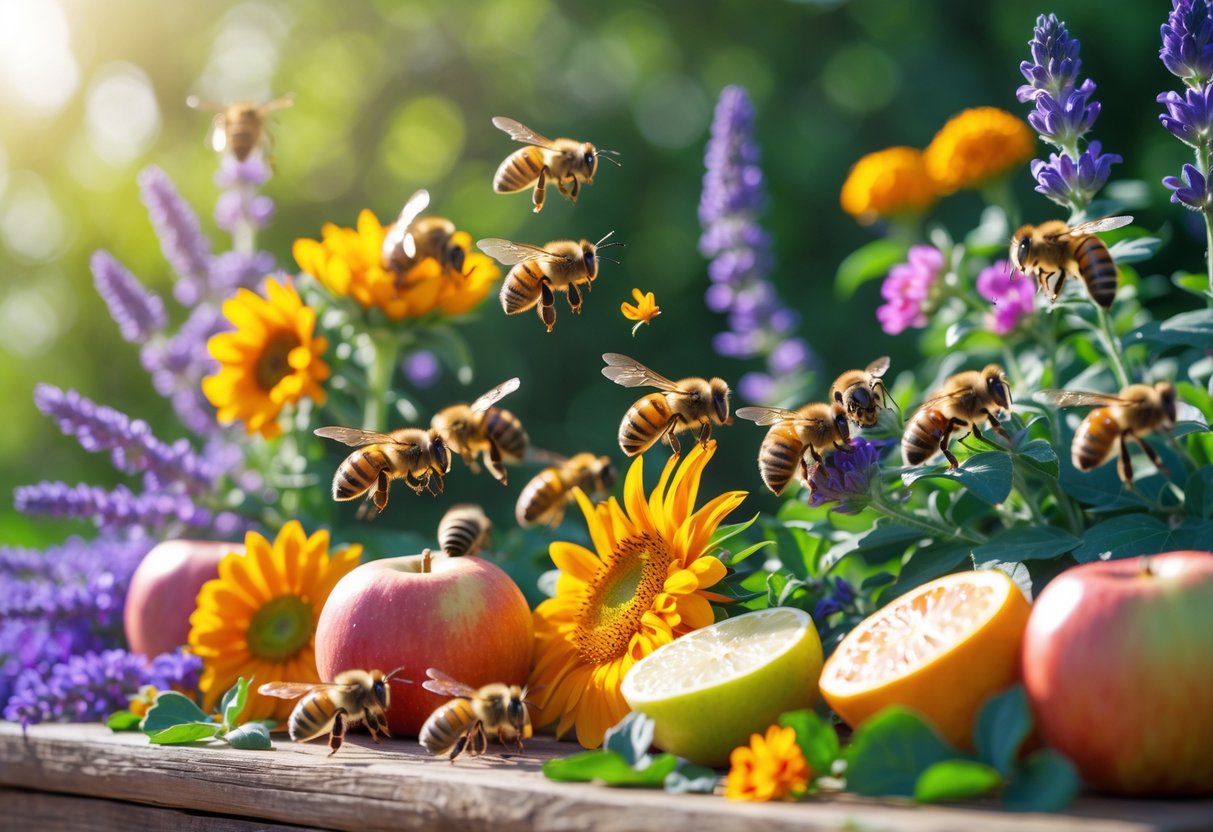 Close-up of bees pollinating colorful flowers and hovering near fresh fruits on a wooden surface outdoors.