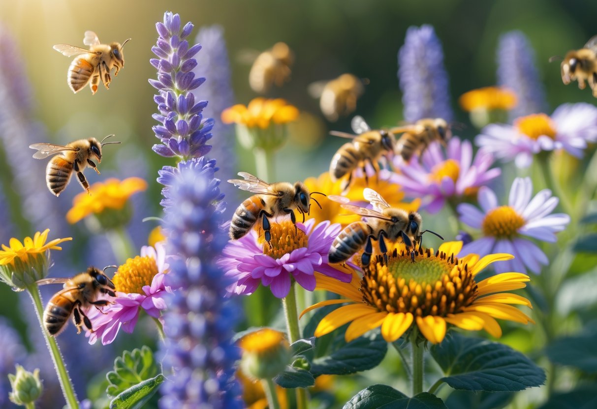 Close-up of bees collecting nectar from colorful flowers in a garden.