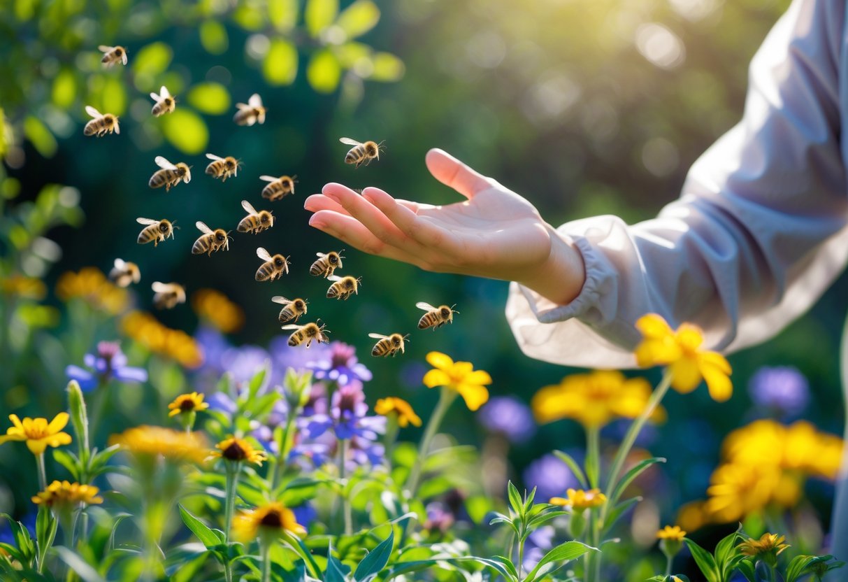 Person gently waving their hand near bees hovering around colorful flowers in a garden.