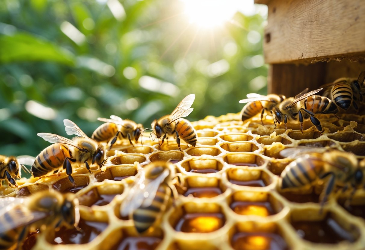 Close-up of honeybees working on a honeycomb in a sunlit natural setting.