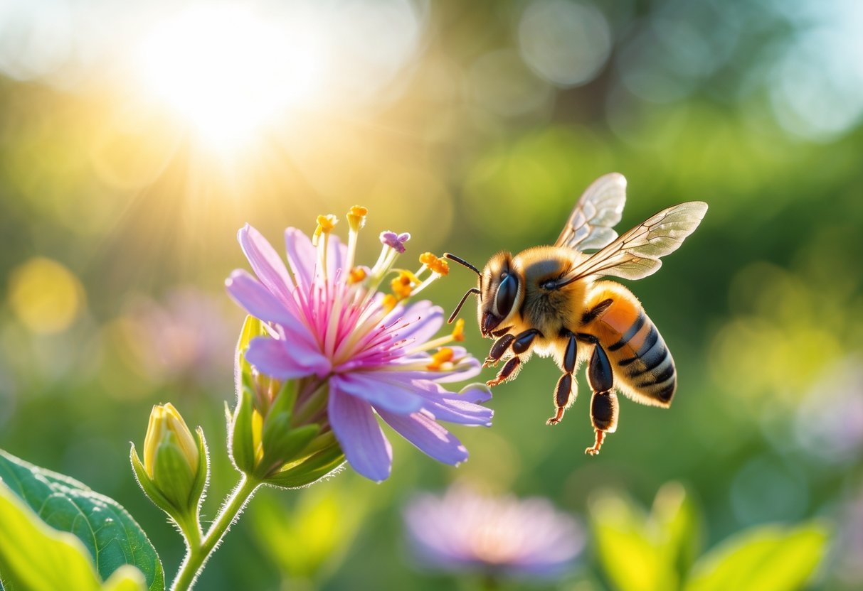 A bee hovering near a blooming flower in a sunlit garden.
