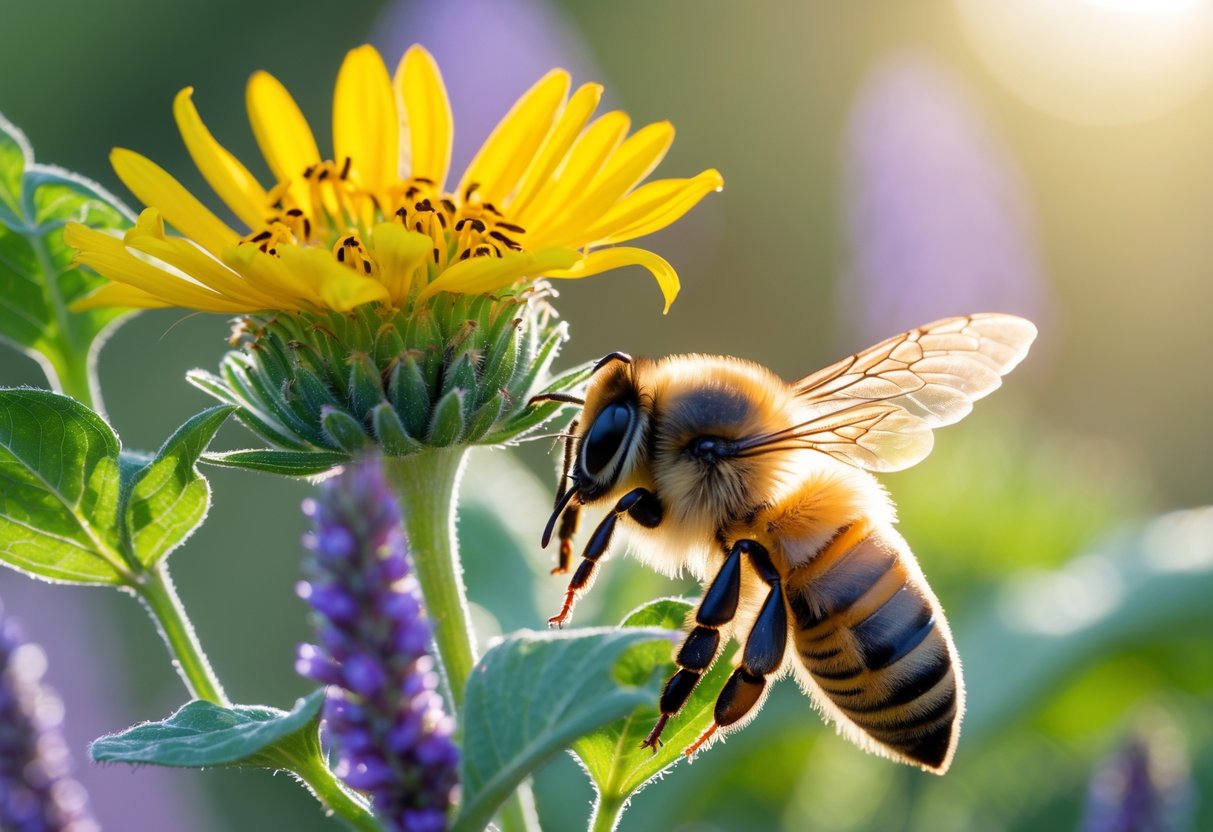 A close-up of a bee hovering near a brightly colored flower outdoors.