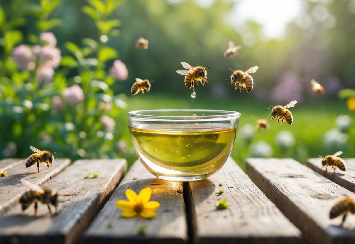A glass bowl of vinegar on a wooden table outdoors with honeybees flying nearby and a green garden in the background.