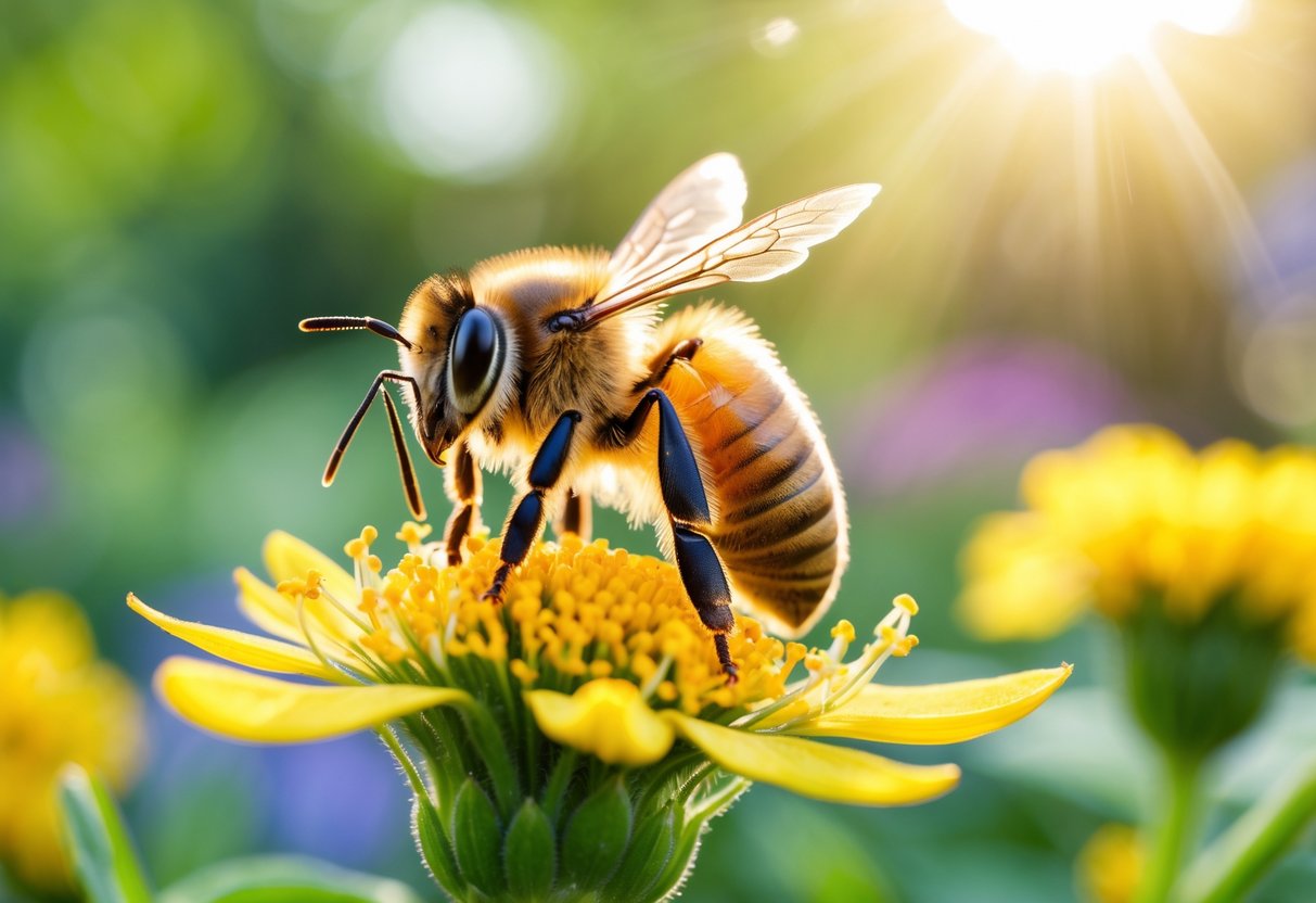 A honeybee resting on a yellow flower in a garden with green plants in the background.
