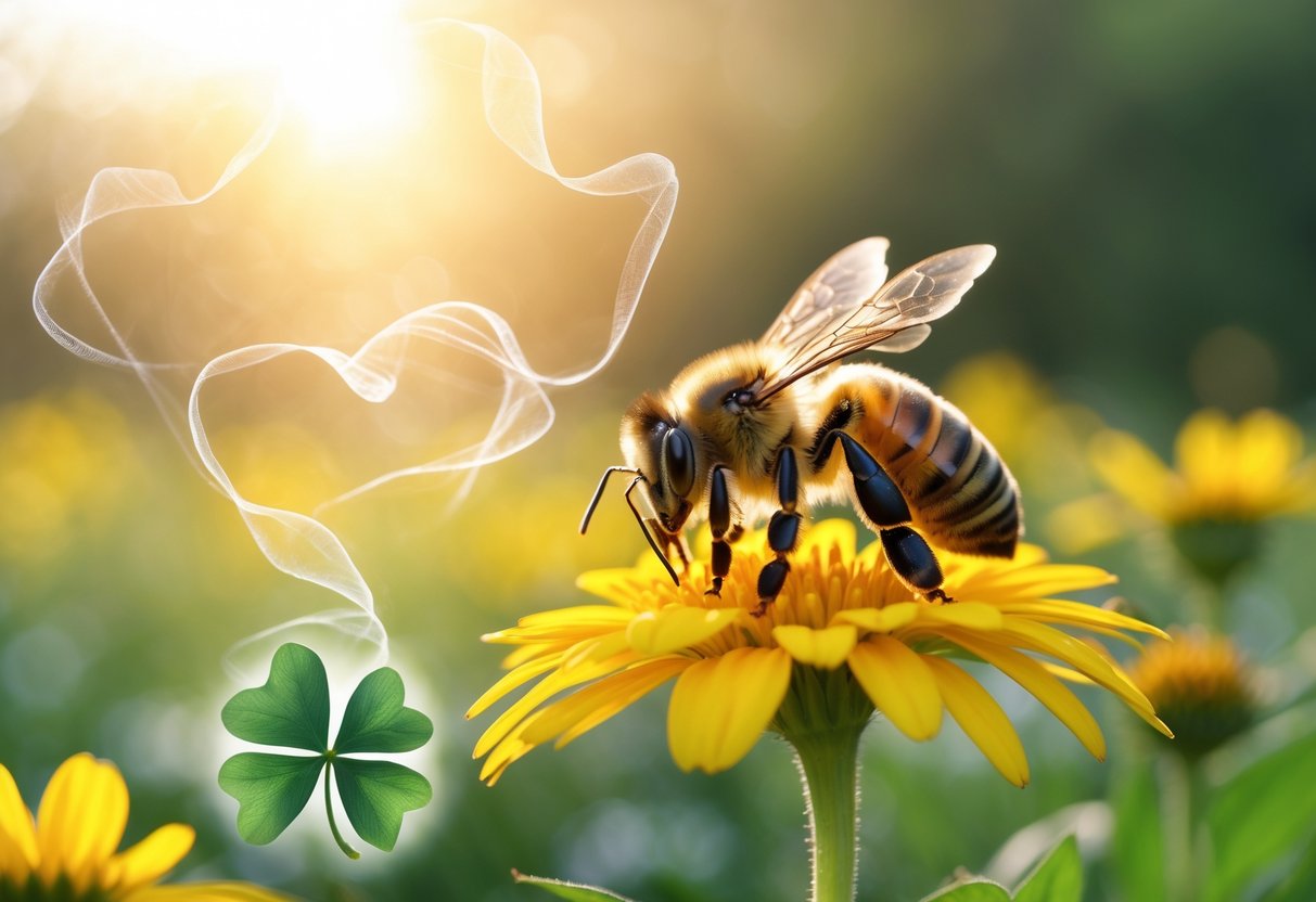 Close-up of a honeybee on a yellow flower in a sunlit meadow with subtle symbols representing traditional beliefs around bees.