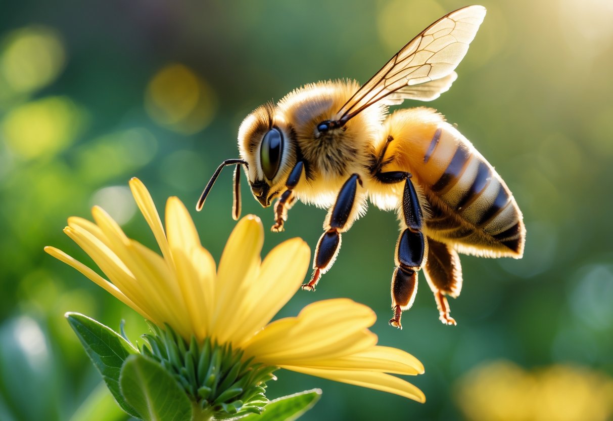 A honeybee hovering near a yellow flower in a garden with green foliage in the background.