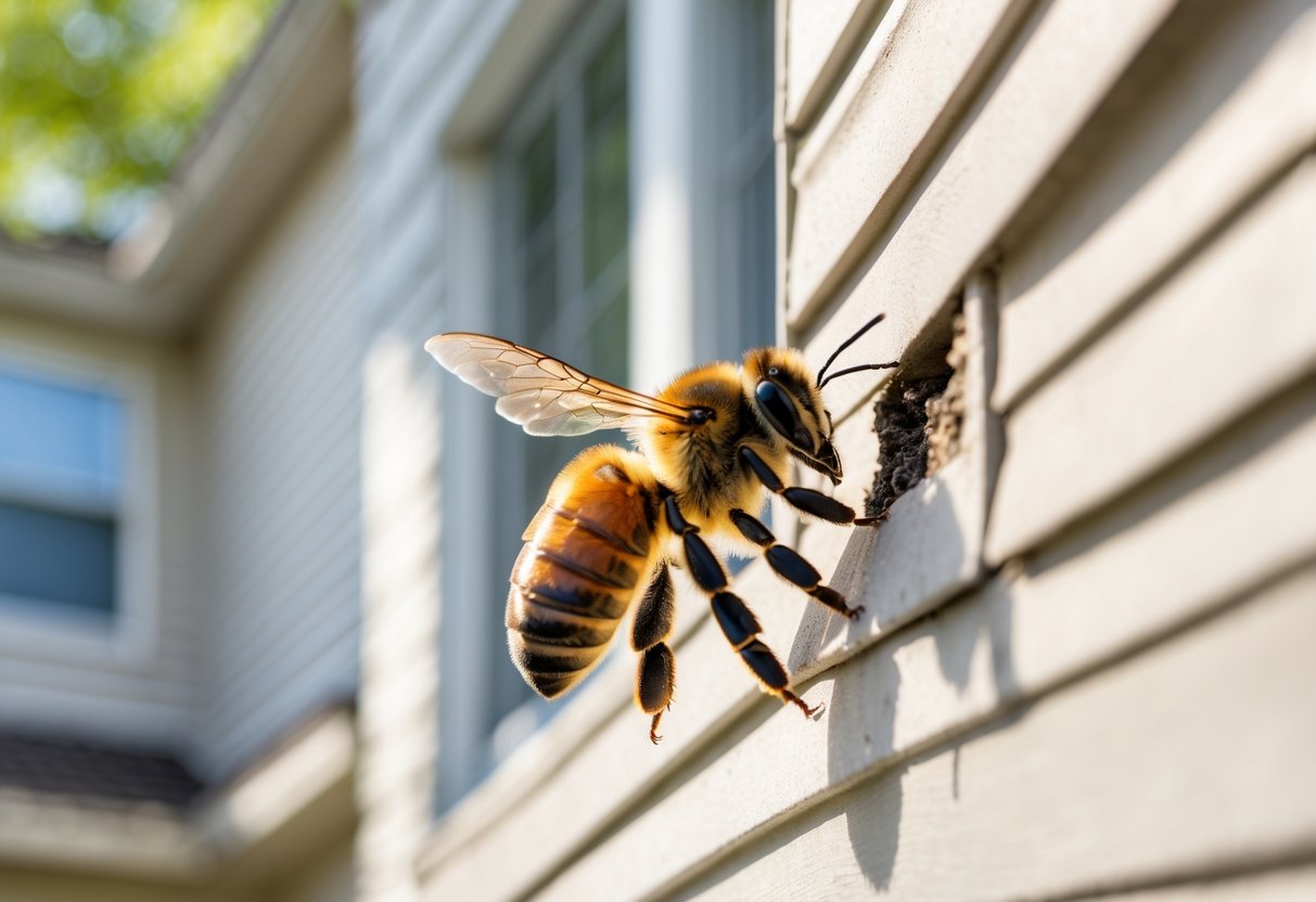 A honeybee on the exterior wall of a house near a small crack.
