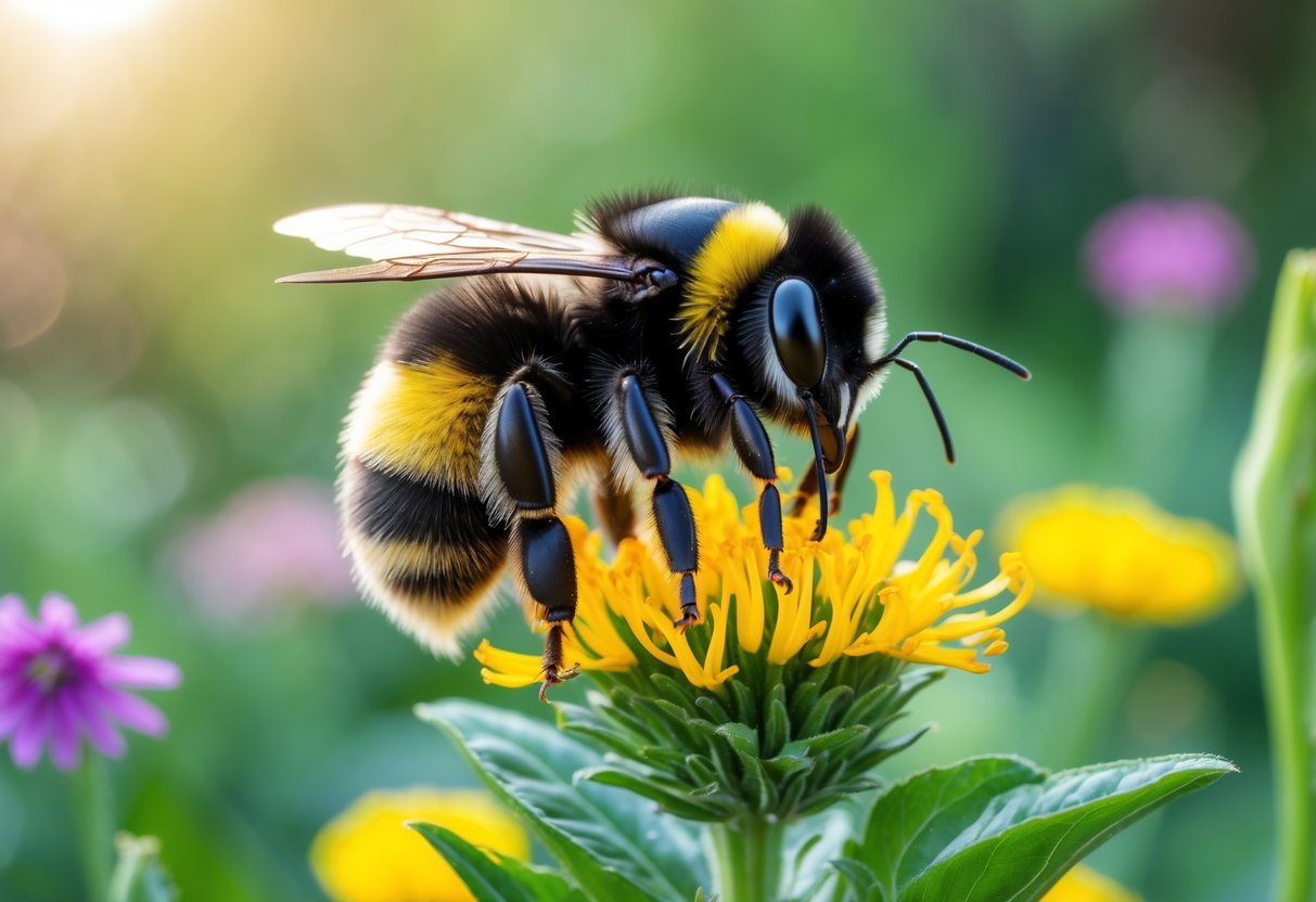Close-up of a large queen bumblebee sitting on a yellow flower in a garden.