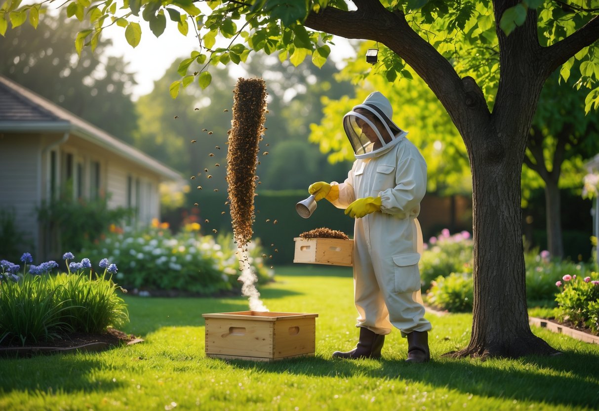 A gardener in protective clothing carefully approaches a swarm of bees clustered on a tree branch in a green garden.