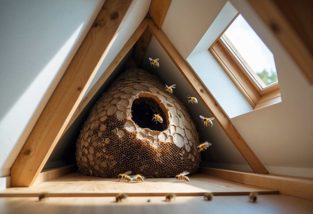 Interior of a house attic with a bee nest attached to a wooden beam and bees flying around it.
