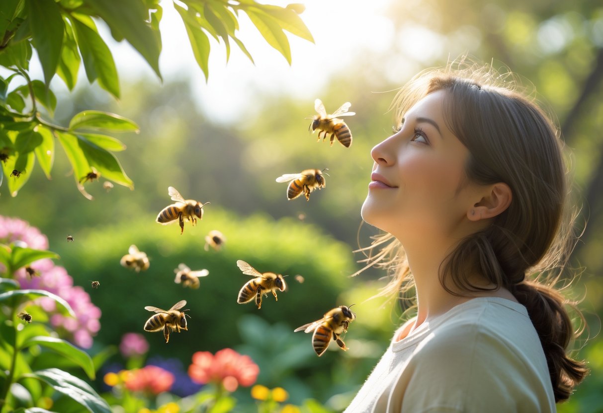 A person standing outdoors in a garden with several bees flying gently around them.