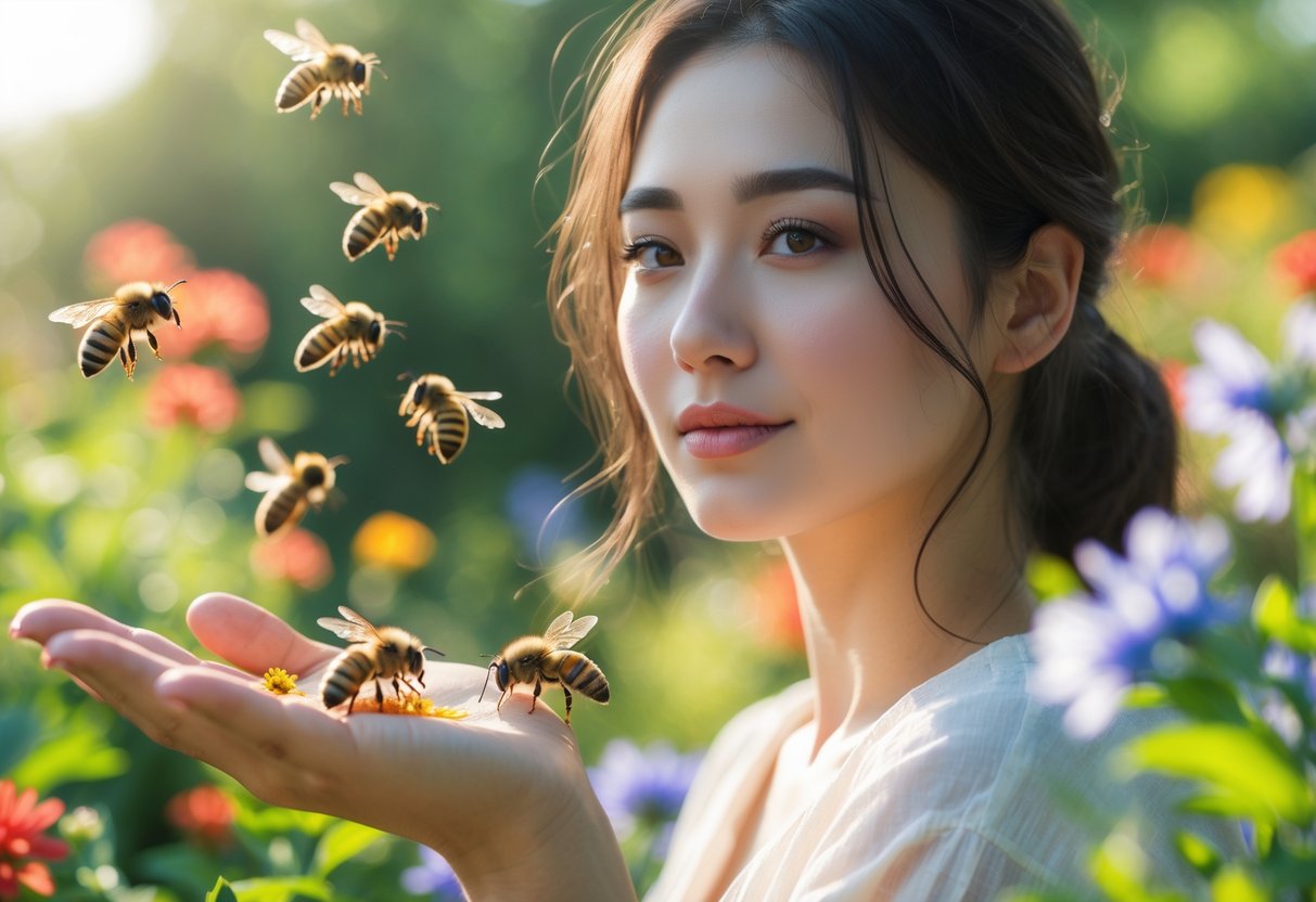 A young woman outdoors in a garden with bees hovering around her hand and flowers.