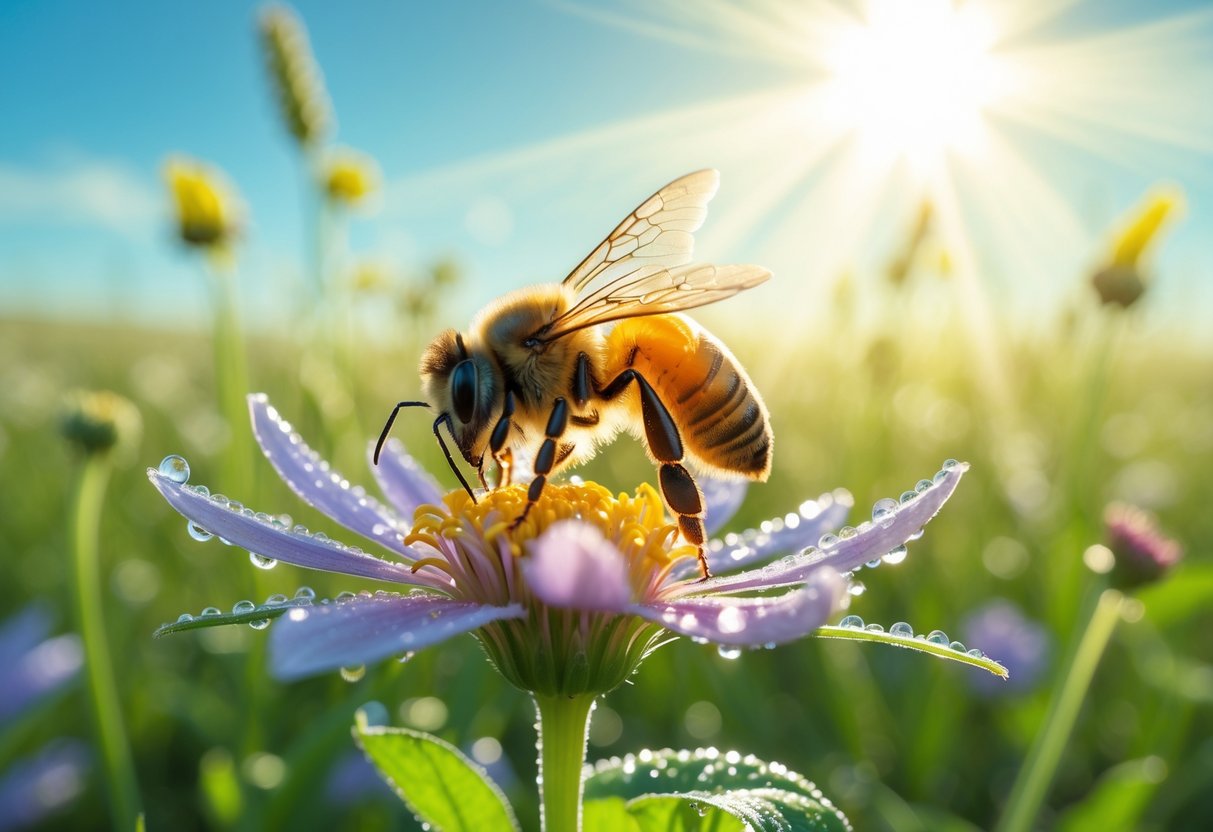 A close-up of a honeybee on a colorful flower with sunlight and wildflowers in the background.
