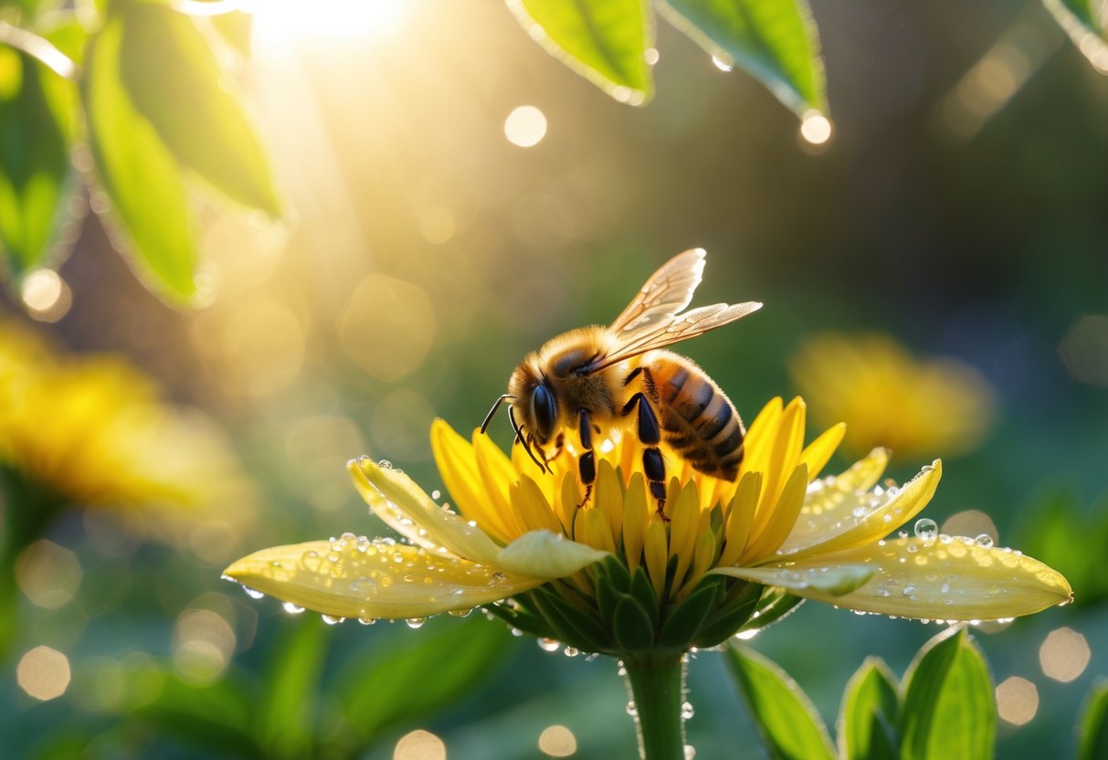 A honeybee resting on a yellow flower with sunlight and green leaves in the background.