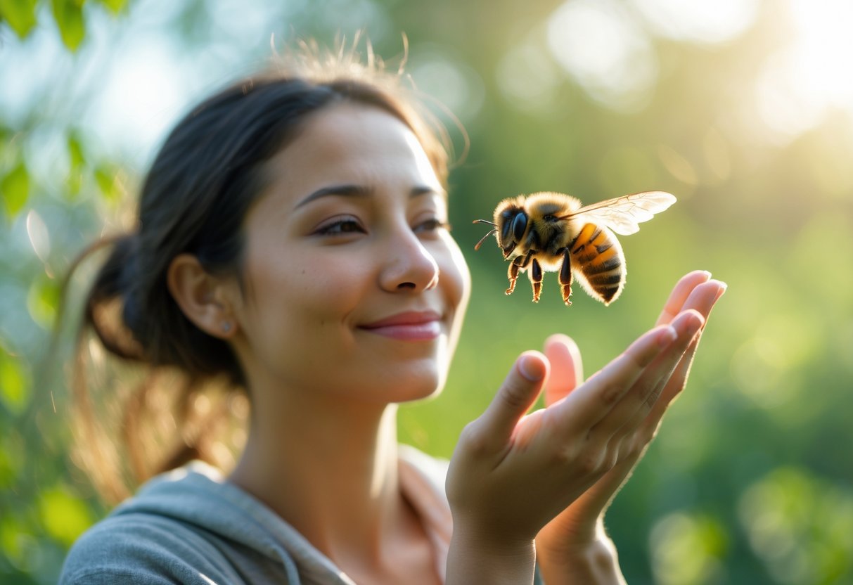 A person outdoors calmly watching a bee flying near their face with hands raised gently.