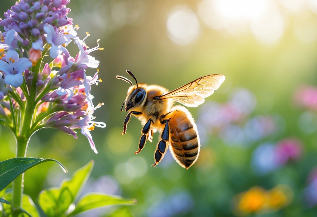 A honeybee flying toward colorful flowers in a garden with green leaves in the background.