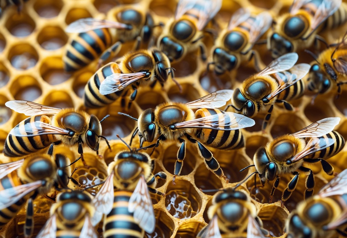 Close-up of worker bees surrounding a motionless queen bee inside a honeycomb-filled beehive.