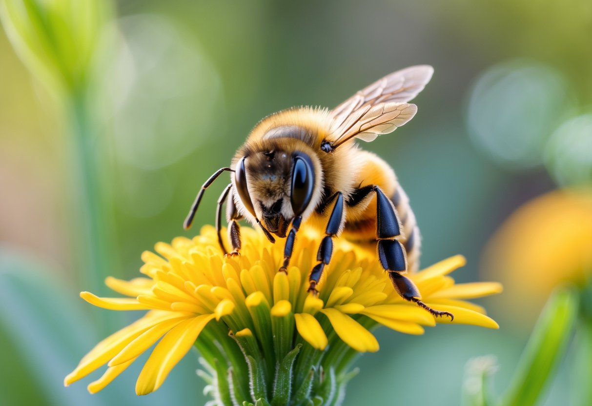 Close-up of a honeybee facing forward while sitting on a yellow flower outdoors.