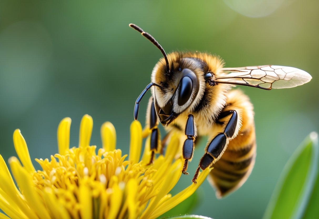 Close-up of a honeybee on a yellow flower facing forward with green foliage in the background.
