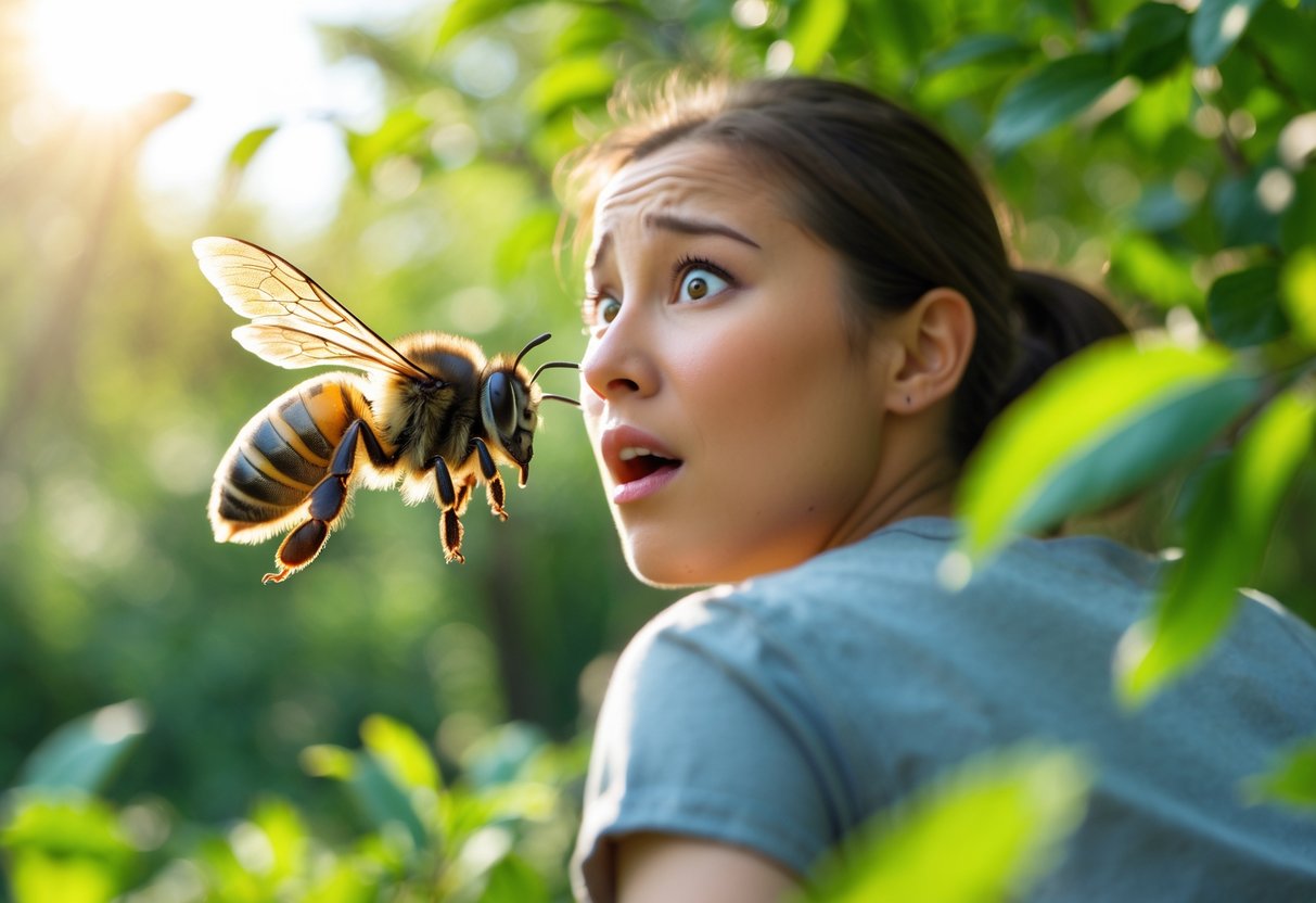 A person outdoors looking back anxiously as a bee flies closely behind them.