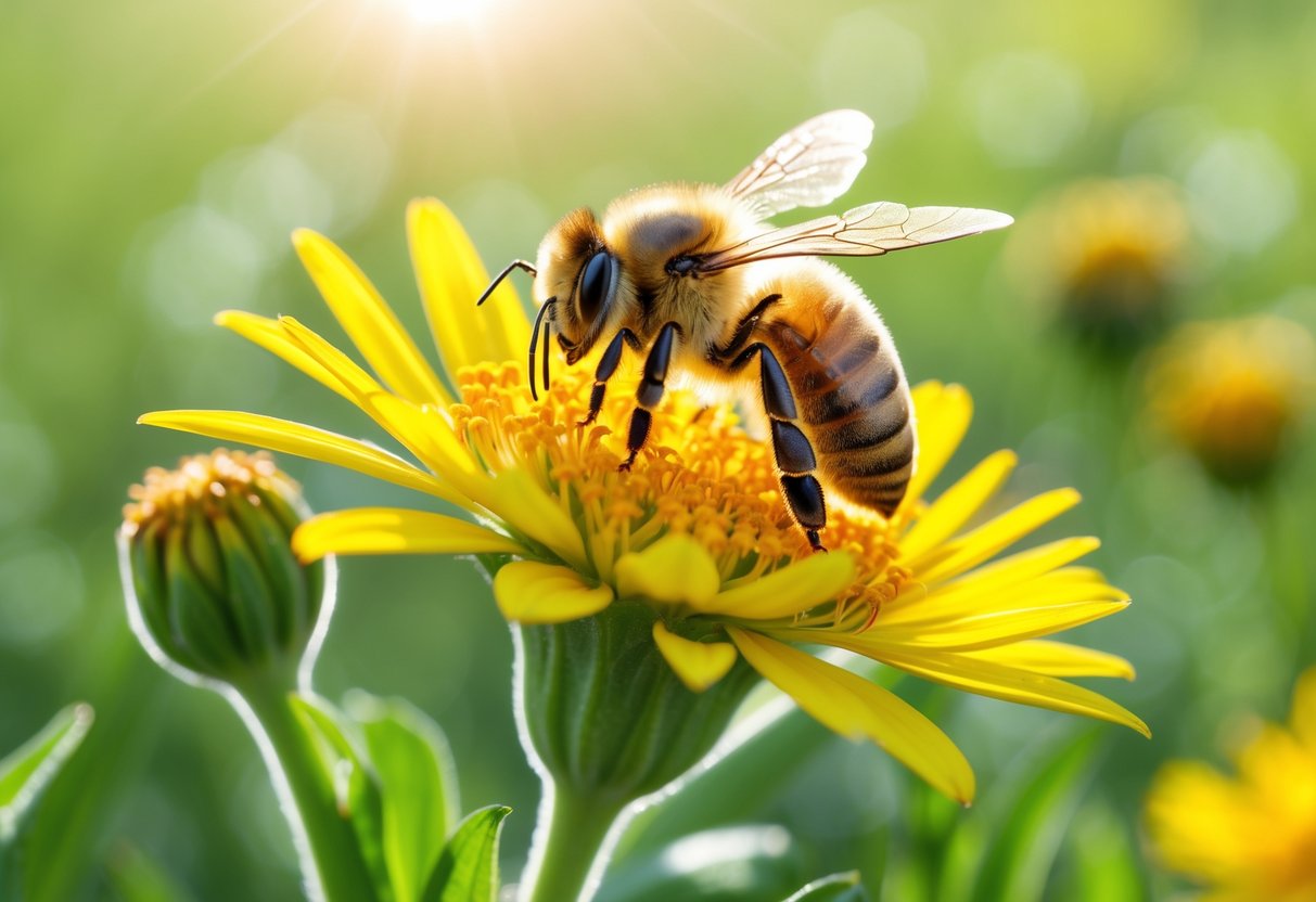 A honeybee resting on a yellow flower in a sunlit meadow.