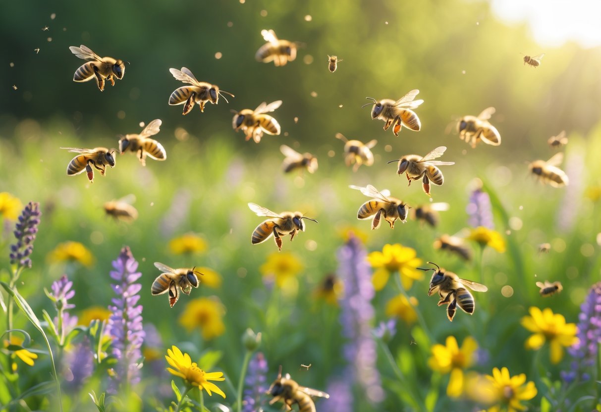 A swarm of bees flying and pollinating flowers in a sunlit meadow during mid-morning.
