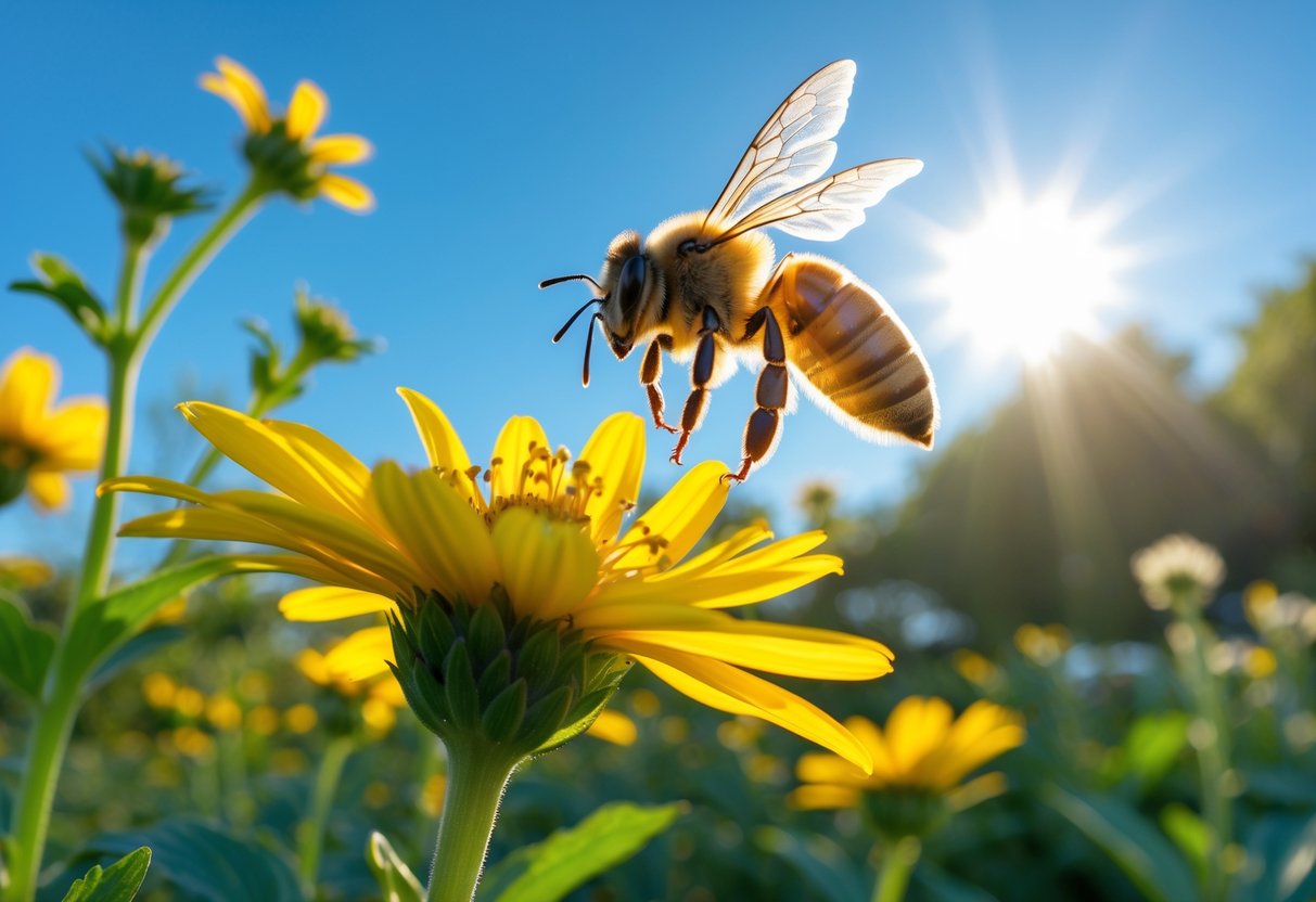 A close-up of a honeybee flying near a yellow flower in a sunny garden during the morning.