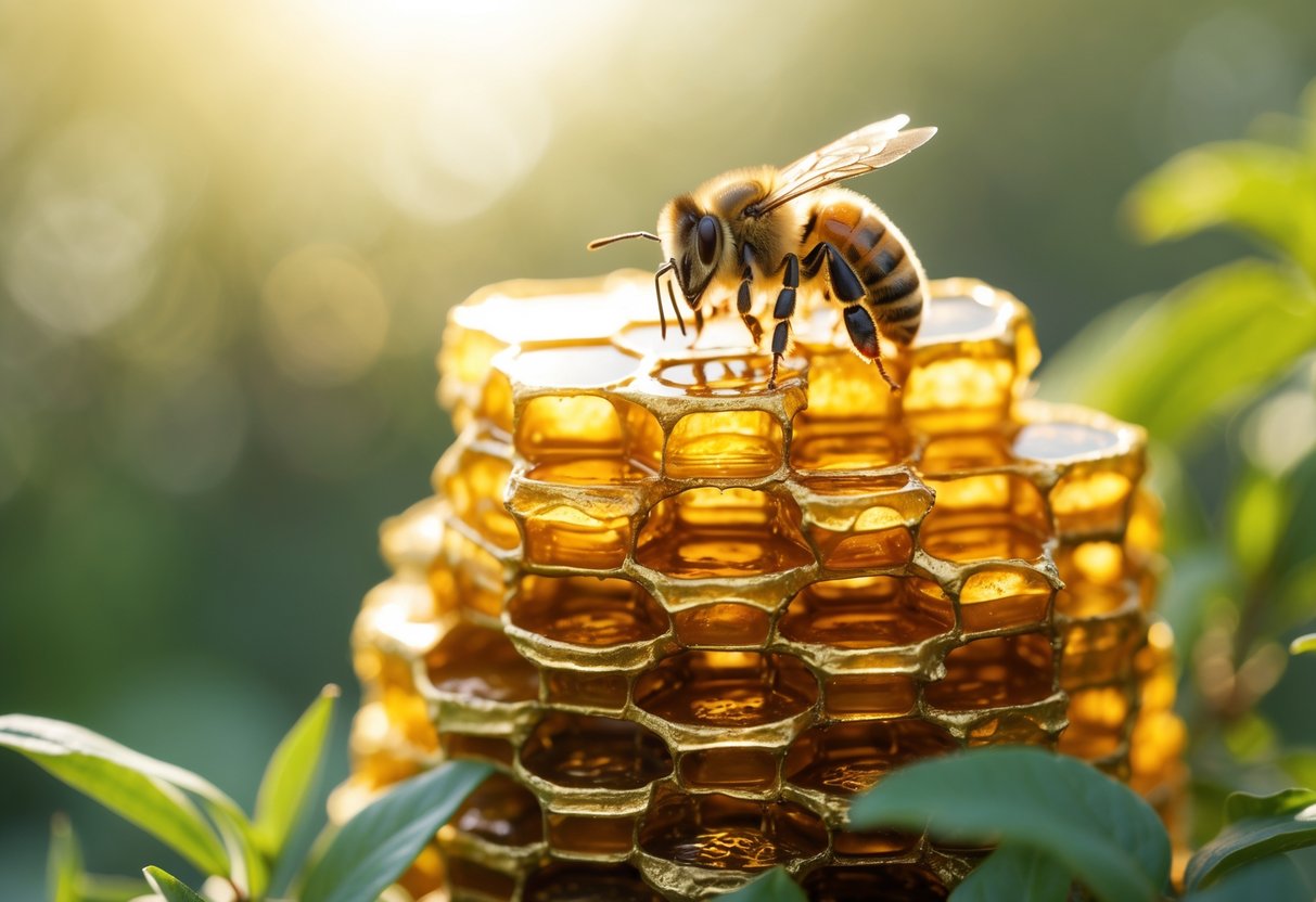 A honeybee on a honeycomb shaped like stacks of coins with green foliage in the background.