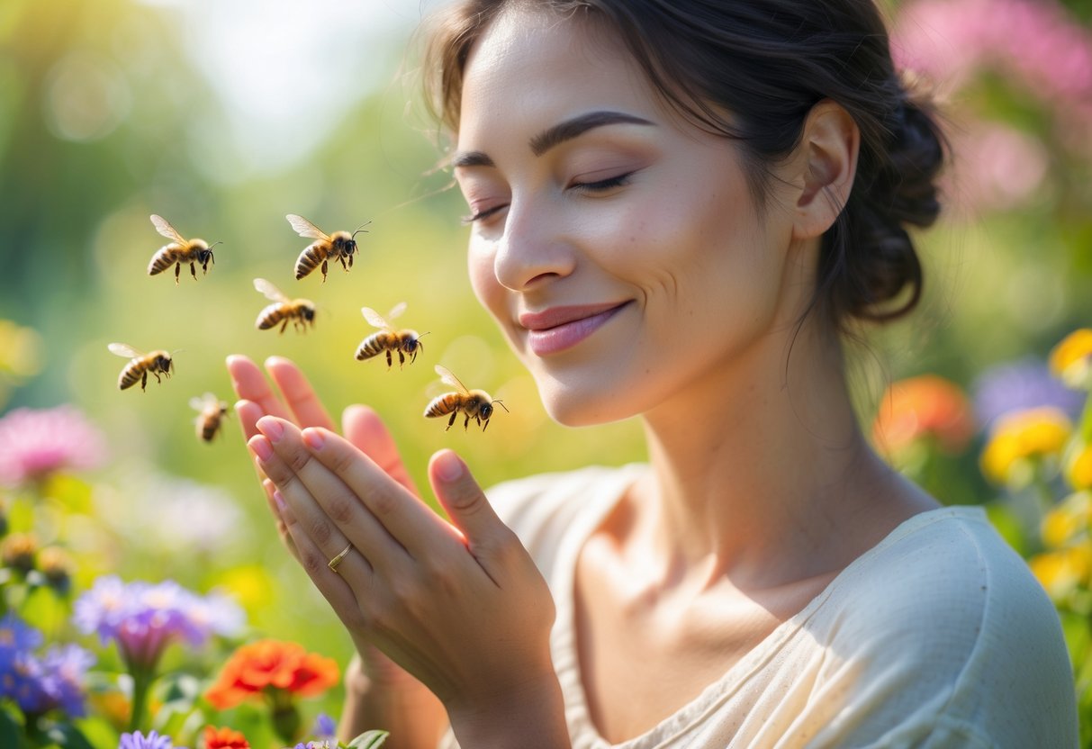 A young woman standing in a garden with bees hovering near her face and hands.