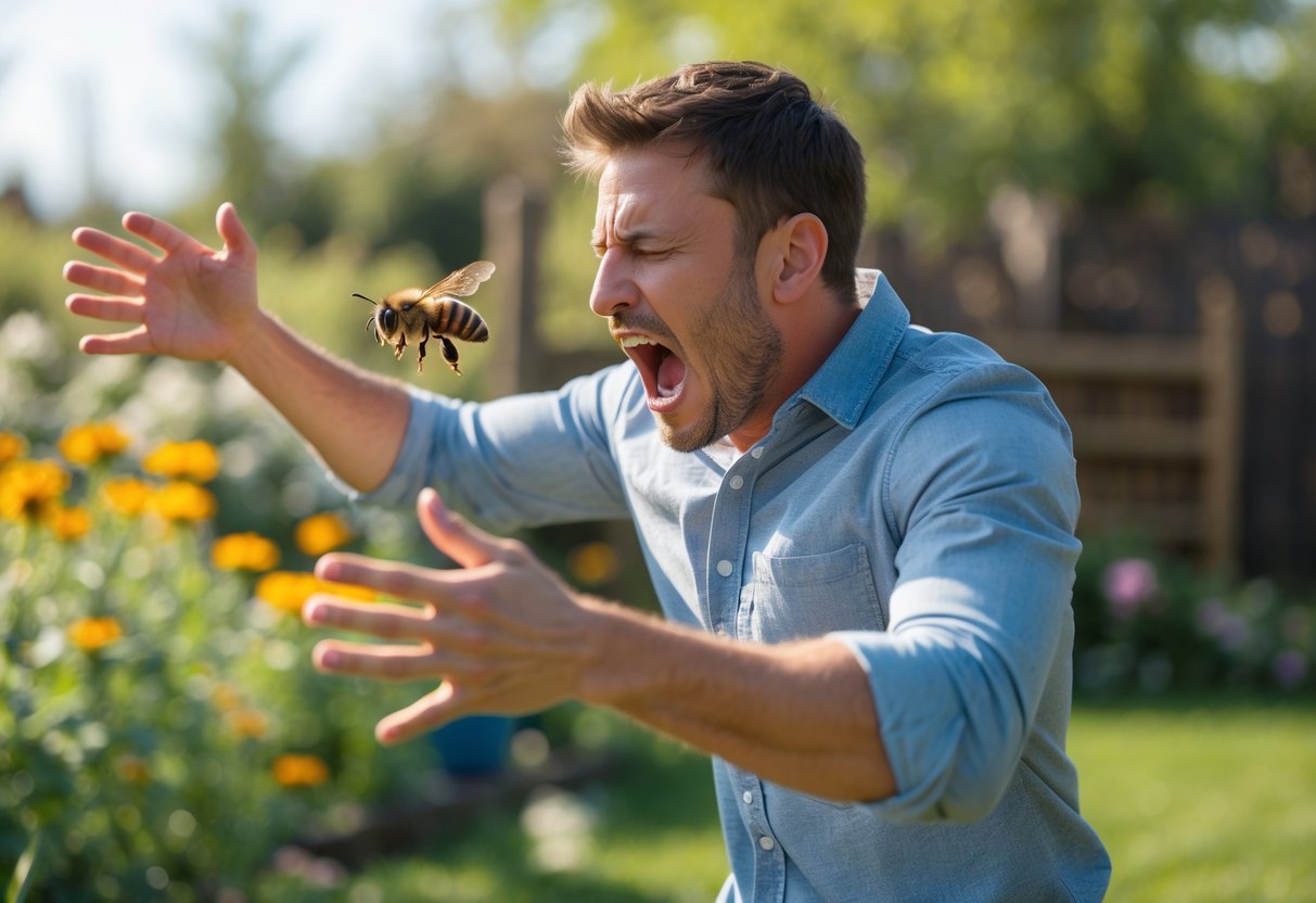 A man outdoors waving his arms frantically at a bee flying near his face in a garden.