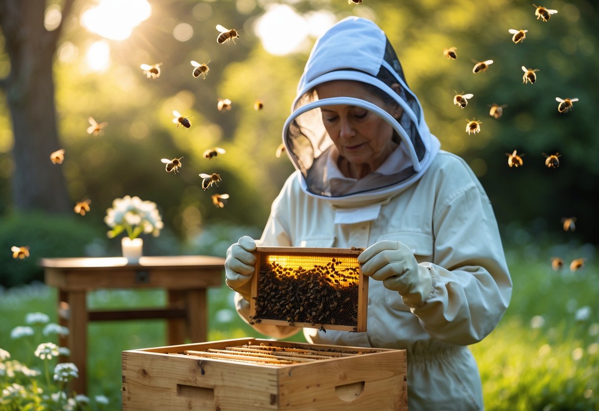 A beekeeper holding a beehive frame surrounded by bees in a garden with white flowers and a small candle nearby.