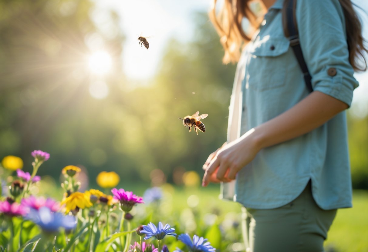 A person calmly observing a bee hovering near flowers in a garden, maintaining a safe distance.