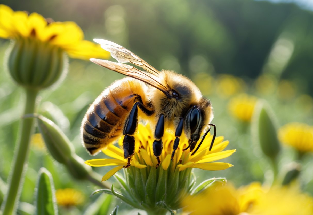 A honeybee resting on a yellow flower in a meadow with green foliage in the background.