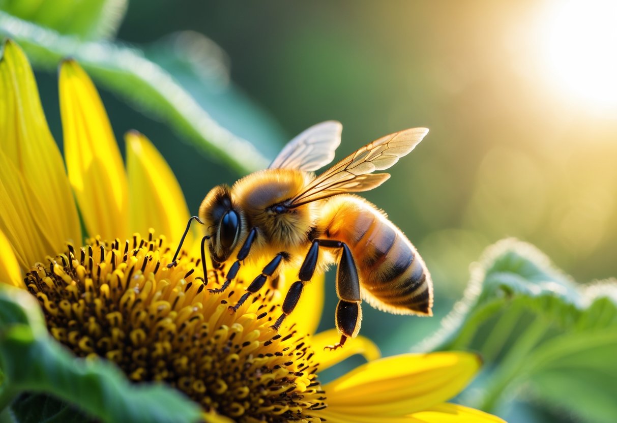 A honeybee collecting nectar from a yellow sunflower with green leaves in the background.