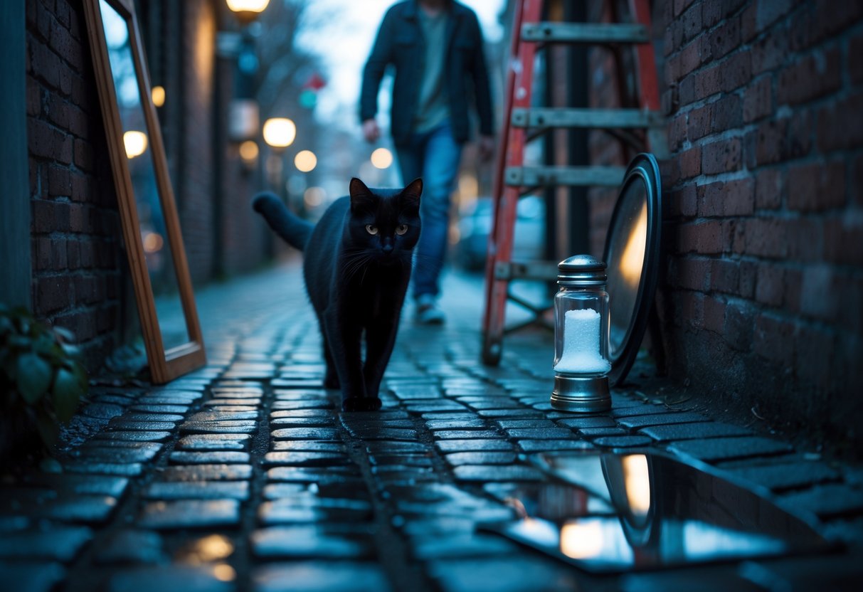 A black cat crossing a cobblestone street near a broken mirror, a ladder against a wall, and spilled salt on the ground.