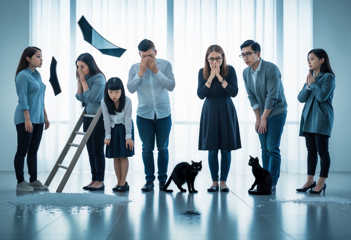 A group of people reacting with concern to common superstition symbols like a broken mirror, black cat, ladder, spilled salt, and knocking on wood.