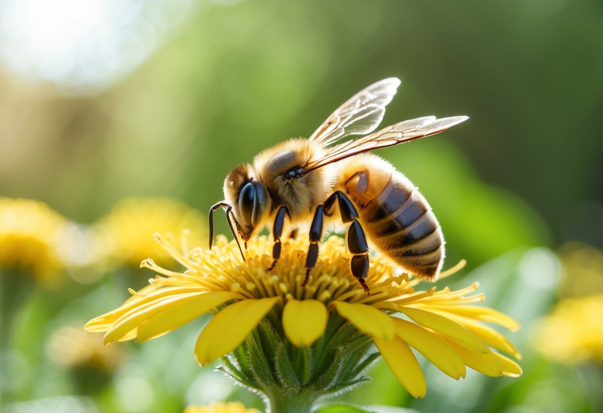 A honeybee resting on a yellow flower in a garden with green plants in the background.