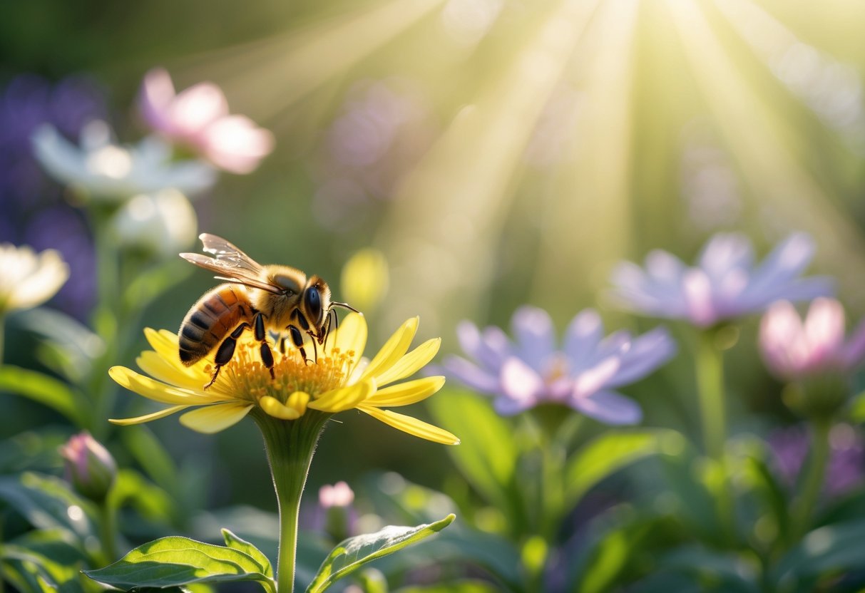 A honeybee collecting nectar on a yellow flower in a sunlit garden with colorful flowers and green leaves in the background.