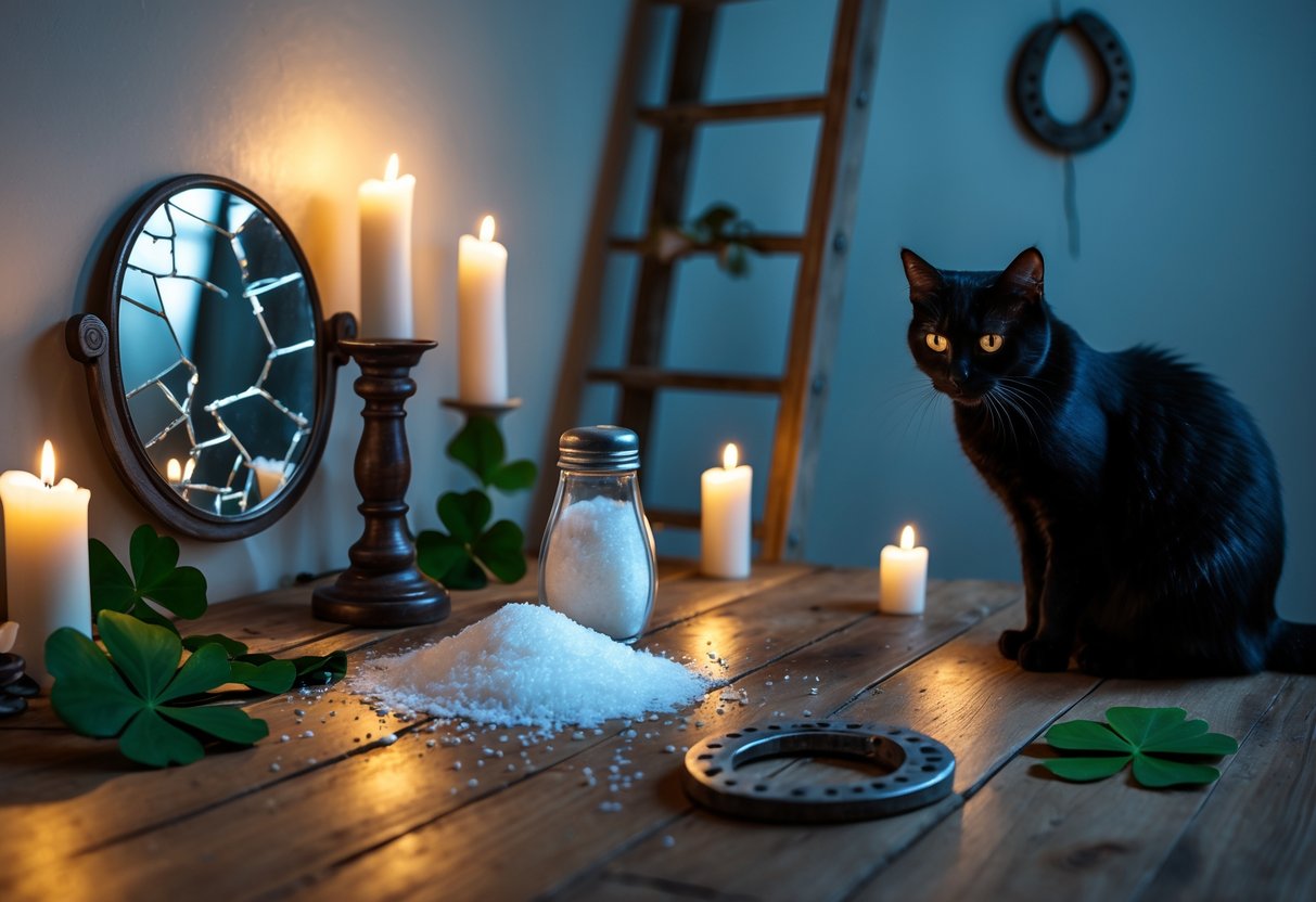 A table displaying objects associated with superstitions including a broken mirror, black cat, spilled salt, ladder, four-leaf clover, horseshoe, and candles.