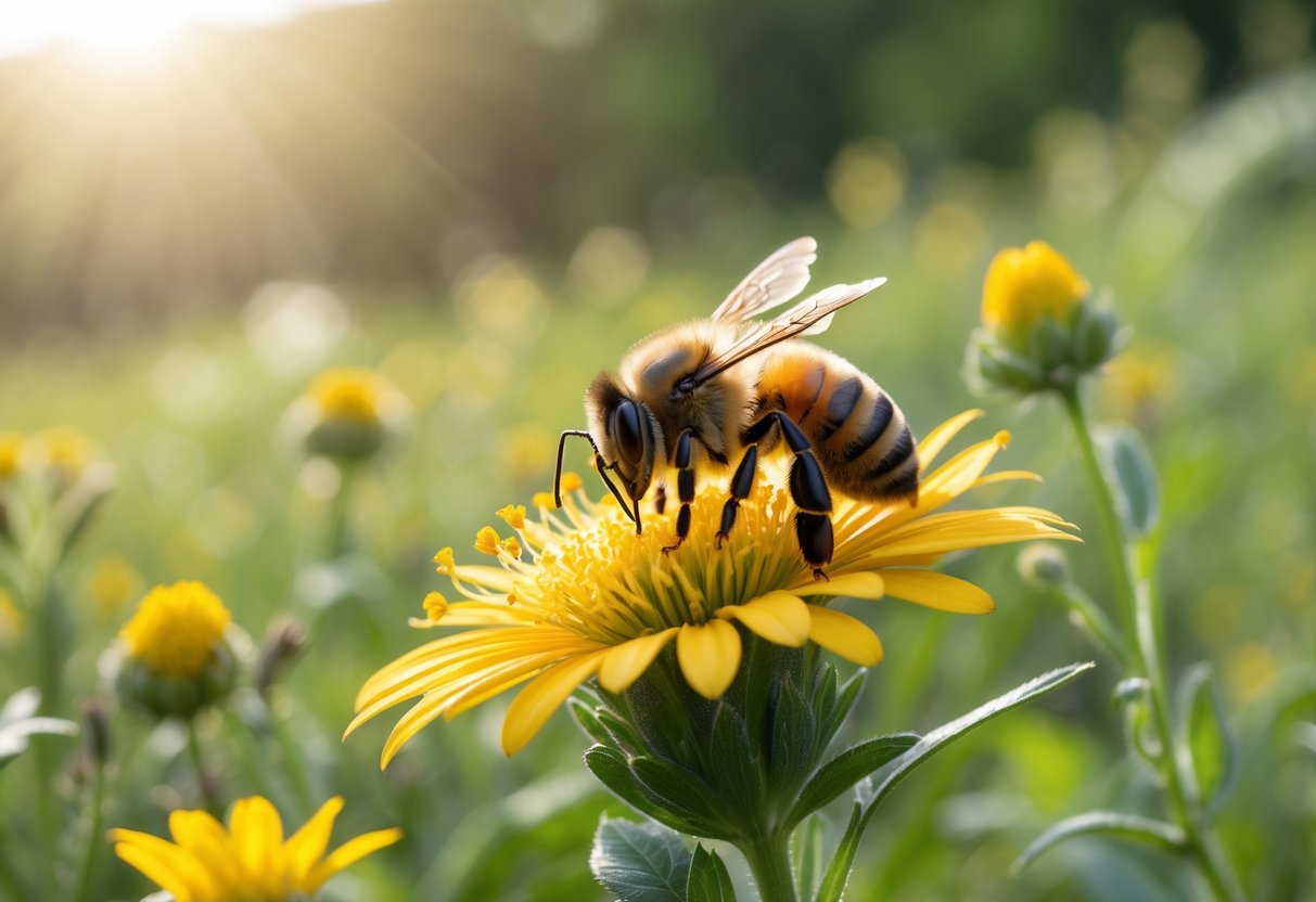 Close-up of a honeybee on a yellow flower in a sunlit meadow with wildflowers and green foliage around.