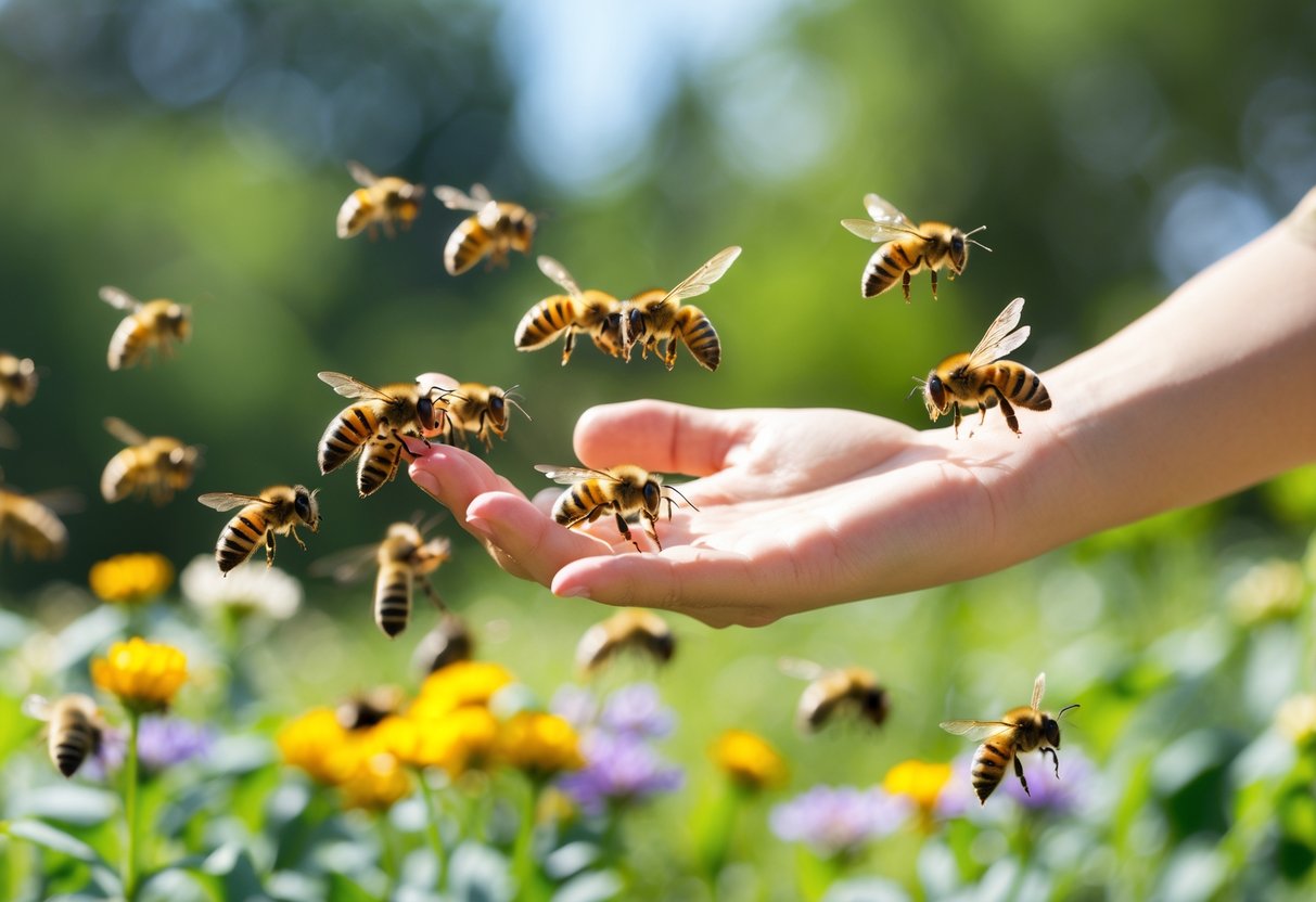 A person outdoors with bees flying close to their extended hand among flowers.