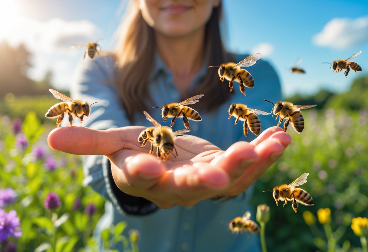 A person outdoors with bees flying close to their hand among blooming flowers.