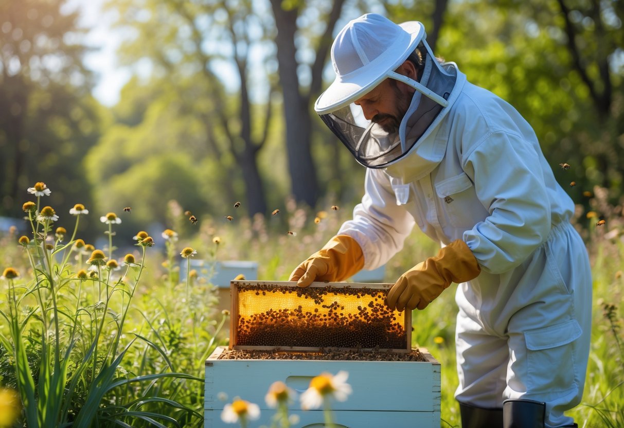 A beekeeper in protective clothing inspecting a beehive outdoors surrounded by flowers and greenery.