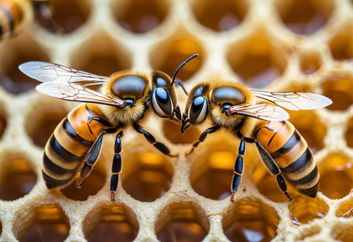 Close-up of a queen bee and a worker bee side by side on a honeycomb, showing their size and shape differences.