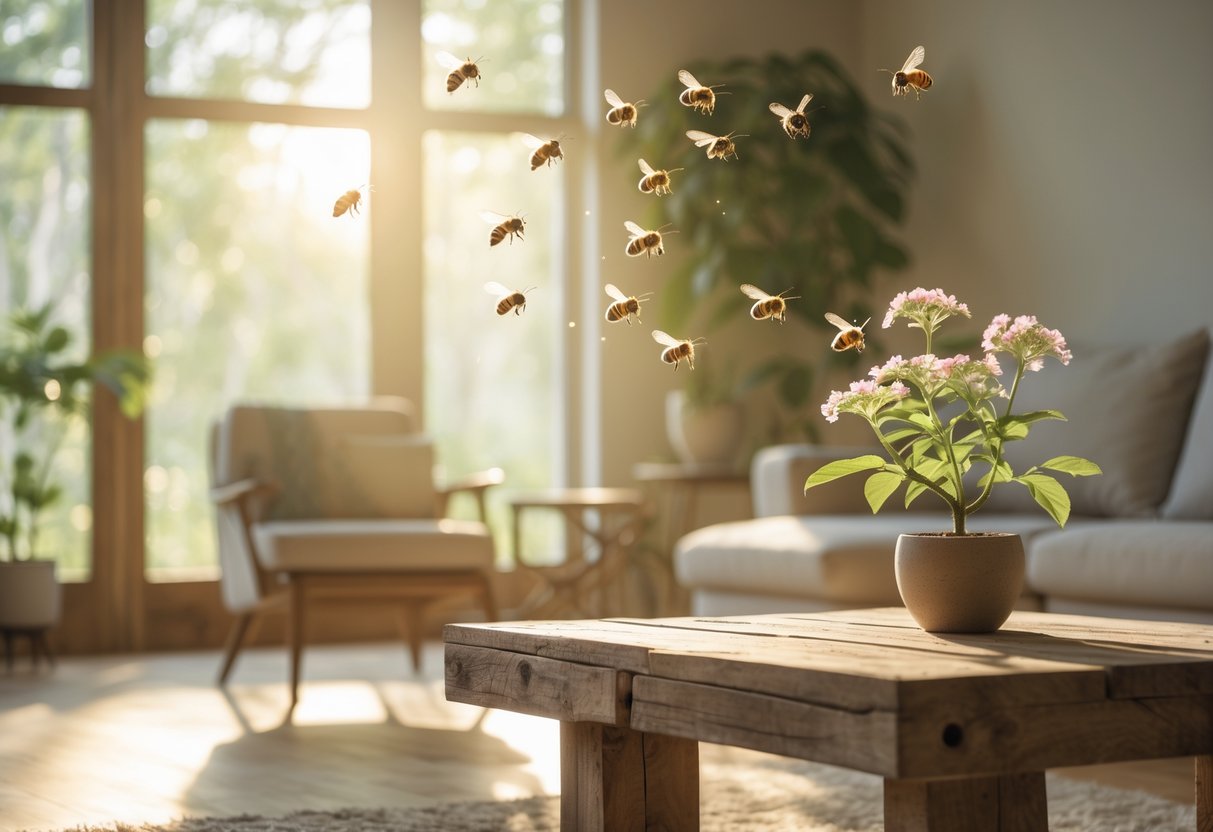 A peaceful living room with bees hovering near a blooming indoor plant on a wooden table by a sunlit window.