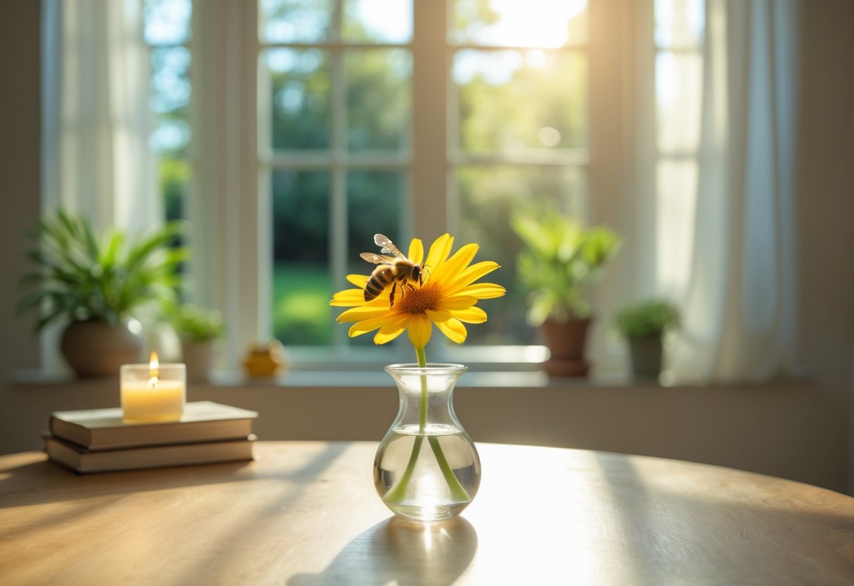 A honeybee on a yellow flower in a sunlit room with a window showing a garden outside, surrounded by books, a plant, and a candle on a wooden table.