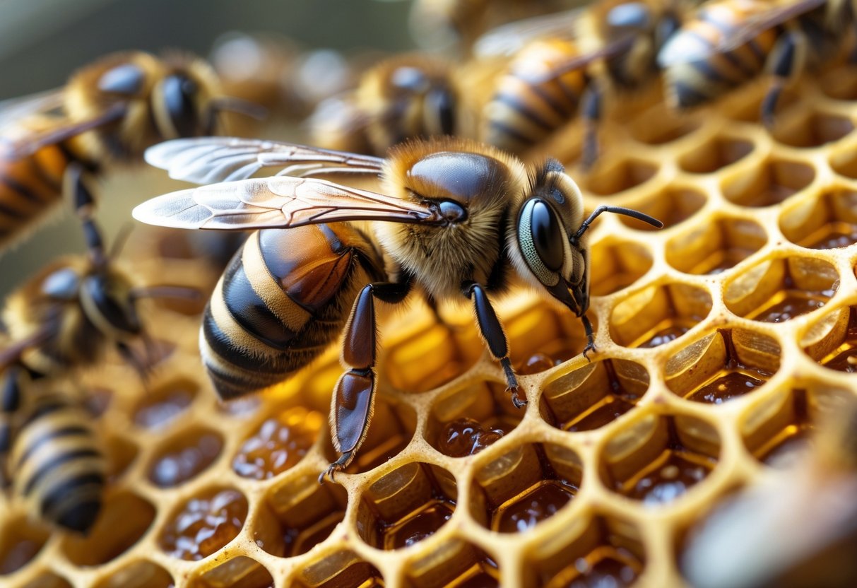 A queen bee sitting on honeycomb surrounded by worker bees inside a beehive.